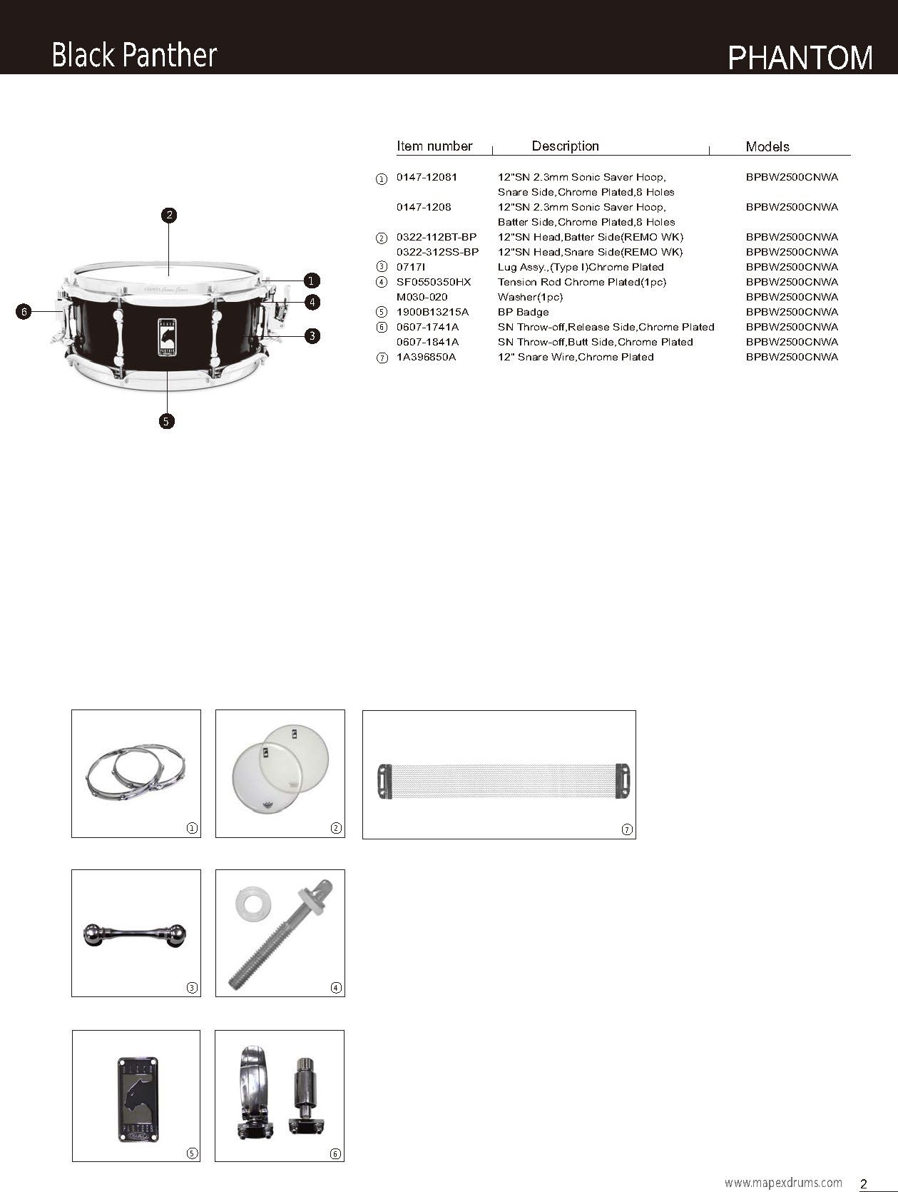 2010 Black Panther Snare Drum Parts List