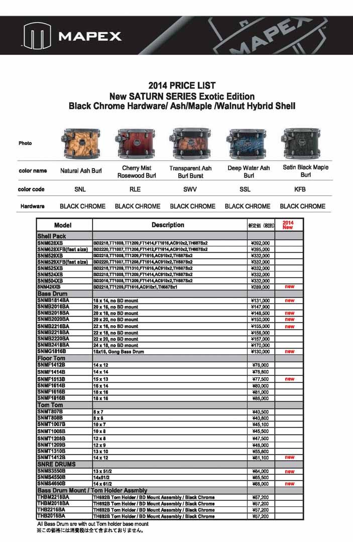 2014 Mapex Saturn Kits Price List Japan